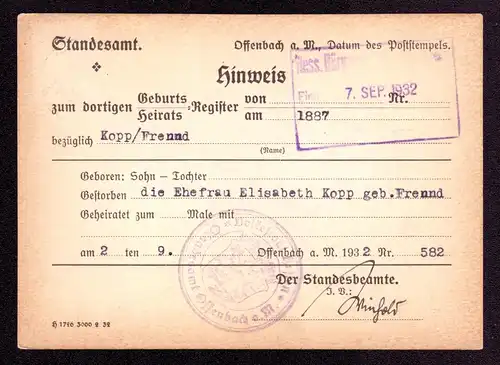 DR Postkarte Drucksache von OFFENBACH nach Arheilgen - 6.9.32 - Mi.410