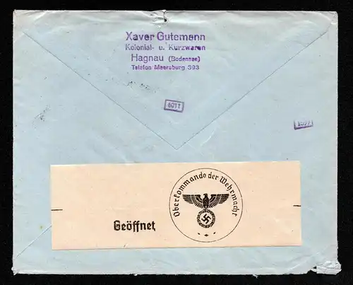 DR Auslands-Brief von  HAGNAU (BODENSEE) nach Zürich SCHWEIZ - 29.2.40 mit Mi.512,516 + Aufkleber "Geöffnet Oberkommando der Wehrmacht"