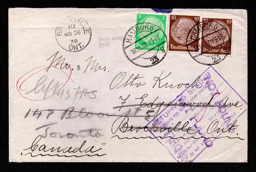 DR Auslands-Brief von  HAMBURG nach Brockville Ont. KANADA und "zurück" - 18.11.38 mit Mi.915,918 mit Ankunftsstempel und Return-Stempel