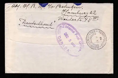 DR Auslands-Brief von  HAMBURG nach Brockville Ont. KANADA und "zurück" - 18.11.38 mit Mi.915,918 mit Ankunftsstempel und Return-Stempel