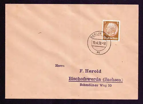 DR Brief von  BERLIN NW 7 nach Bischofswerda - 10.4.38 mit Mi.513 a . UB aq winzig !!!
