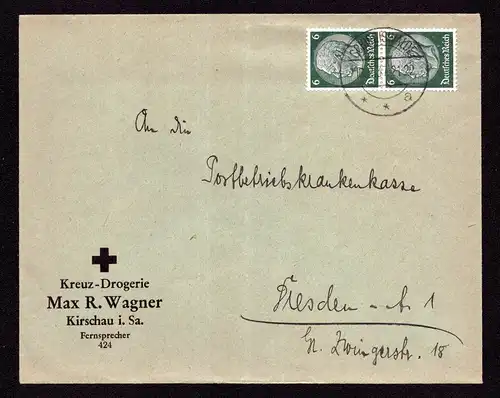 DR Brief von  SCHIRGISWALDE nach Dresden - 16.2.37 mit Mi.516 in MeF (von Kreuz-Drogerie Wagner, Kirschau)