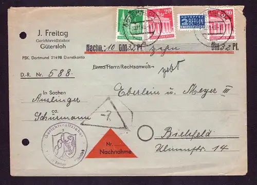 Bauten Nachnahme-Brief  von GÜTERSLOH nach Bielefeld - 17.11.49 mit 20 Pf wg und 10 Pf eg vom Gerichtsvollzieher