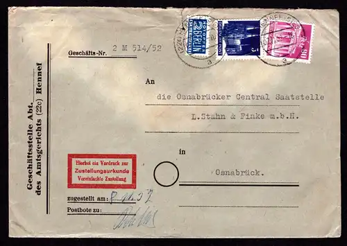 Bauten Geschäfts-Brief mit 5+80 Pf+ NOB von HENNEF (SIEG) nach Osnabrück, 07.11.52 mit Aufdruck "..Vordruck zur Zustellungsurkunde, vereinf. Zustellung