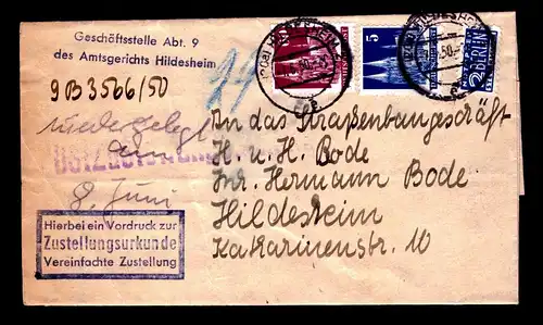 Bauten Falt-Brief mit 5 Pf wg, 60 Pf eg+ Notopfer Berlin von HILDESHEIM - 7.6.50 mit Stempel "...Vordruck zur Zustellungsurkunde, Vereinfachte Zustellung"