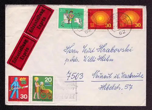 BRD Eil-Brief von WIESBADEN nach Neureut - 28.9.70 - Mi.595,623 Münchhausen - Das durchgehende Pferd, Mi.631 Pflegegehilfe,632 Brandbekämpfung Feuerwehr