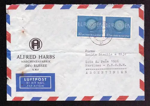 BRD Luftpost-Brief von Russee - KIEL nach Martinez ARGENTINIEN - 21.6.61 mit Mi.339 in MeF v. Maschinenfabrik A.Harbs