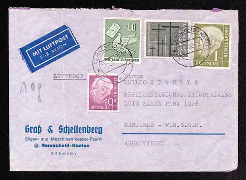 BRD Luftpost-Brief von REMSCHEID nach Martinez ARGENTINIEN - 17.1.57 mit Mi.188,194,247-Taube,Brief, Mi.148 v. Sägen-u. Maschinen-Messer-Fabrik