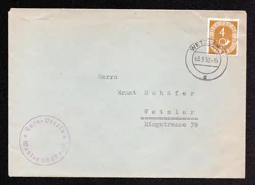 BRD Ortsbrief Drucksache von WETZLAR  10.3.52 mit Mi.124