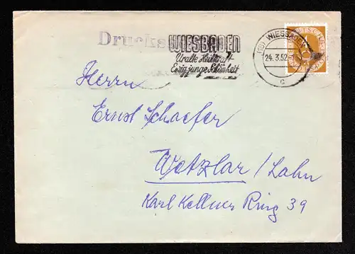 BRD Ortsbrief Drucksache von WIESBADEN nach Wetzlar - 24.3.52 mit Mi.124 und MWS "Wiesbaden Uralte Heilkraft - Ewig junge Schönheit"