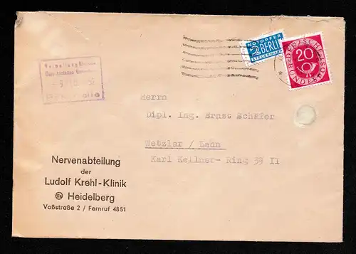 BRD Brief von HEIDELBERG nach Wetzlar mit MS vom 9.7.52 - Mi.130 - v. Nervenklinik