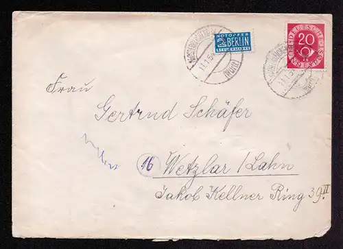 BRD Brief von KLOSTERREICHENBACH (Württ) nach Wetzlar - 11.1.54 mit Mi.130 und Notopfer Berlin