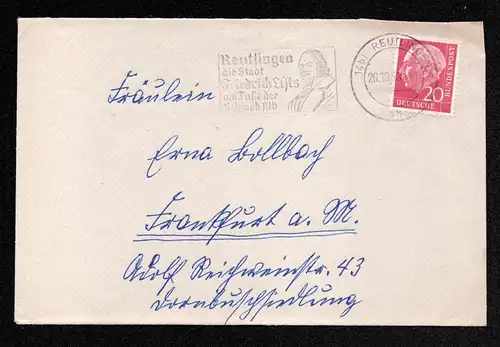 BRD Brief von REUTLINGEN nach Frankfurt aM - 26.10.58 mit Mi.185 und MWS "Reutlingen die Stadt Friedrich Lists am Fuße der Schwäb.Alb"