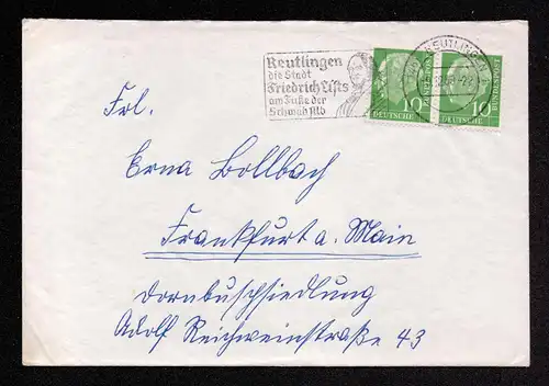 BRD Brief von REUTLINGEN nach Frankfurt aM - 9.12.58 mit Mi.183 und MWS "Reutlingen die Stadt Friedrich Lists am Fuße der Schwäb.Alb"