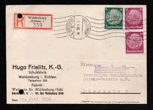 DR Postkarte Einschreiben von WALDENBURG (SCHLESIEN) nach Nürnberg - 30.6.36 mit Mi. 516, 520 mit Handrollstempel (Schuhfabrik)