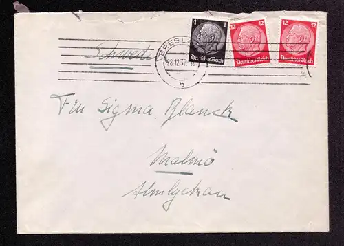 DR Auslandsbrief von BRESLAU nach Malmö SCHWEDEN - 28.12.37 mit Mi. 512, 519 in MiF