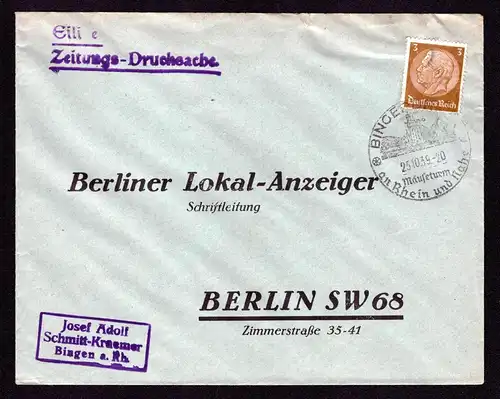 DR  Brief  Zeitungsdrucksache von Bingen BINGERBRÜCK nach Berlin, gestempelt 25.10.40 mit Mi.665 und OWS: "Mäuseturm an Rhein und Nahe" - in EF