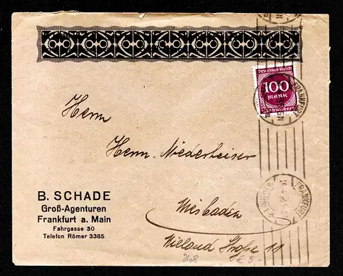 DR  Brief von FRANKFURT (MAIN) nach Wiesbaden - 26.4.23 mit Mi.268 und Bandstempel
