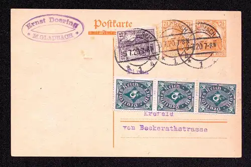 DR  Postkarte  Aufbrauchsausgabe P119 + Zusatz von M.GLADBACH nach Krefeld - 9.7.20 - (Antwort durchgebalkt)