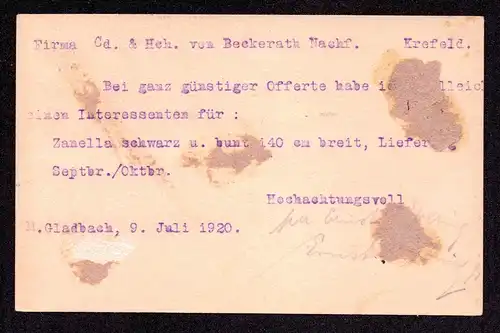 DR  Postkarte  Aufbrauchsausgabe P119 + Zusatz von M.GLADBACH nach Krefeld - 9.7.20 - (Antwort durchgebalkt)