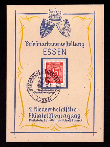 All.Bes. Schmuck-Karte ESSEN - 9.3.1947 mit Mi.931 und Sonderstempel "ESSEN Briefmarkenausstellung - 2. Niederrheinische Philatelistentagung"