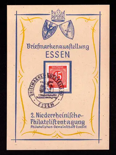 All.Bes. Schmuck-Karte ESSEN - 9.3.1947 mit Ziffern Mi.931 und Sonderstempel "ESSEN Briefmarkenausstellung - 2. Niederrheinische Philatelistentagung"