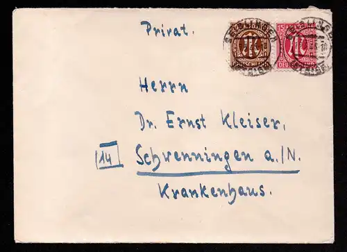 AM-Post Brief von GEISLINGEN (STEIGE) nach Schwenningen - 19.3.46 mit Mi. 6, 8