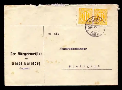AM-Post Brief von GAILDORF (WÜRTT) nach Stuttgart- 26.10.45 mit Mi.4 in MeF
