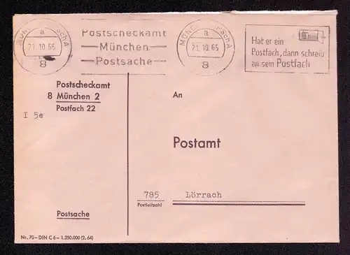 BRD Brief von MÜNCHEN PSchA, UB a nach Lörrach - 21.10.65 mit Bandstempel und 2 unterschiedlichen Werbeeinsätzen: "Hat er ein Postfach, dann schreib an sein Postfach"und "Postscheckamt - München - Postsache" - Postsache