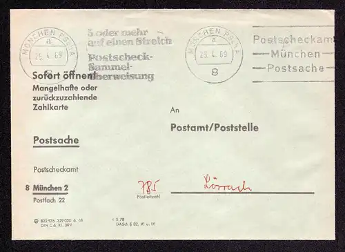 BRD Brief von MÜNCHEN PSchA, UB a nach Lörrach - 25.4.69 mit Bandstempel und 2 unterschiedlichen Werbeeinsätzen: "5 oder mehr auf einen Streich"und "Postscheckamt - München - Postsache" - Postsache
