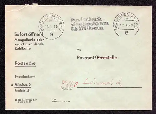 BRD Brief von MÜNCHEN PSchA, UB md nach Lörrach - 12.1.70 mit MS (Werbung mittig) "Postscheck - das Konto von 2,5 Millionen" - Postsache