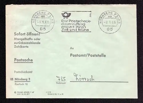 BRD Brief von NÜRNBERG PSchA, UB mb nach Lörrach - 8.1.68 mit MS (Werbung mittig) "Der Postscheck-Dauerauftrag erspart Ihnen Zeit und Mühe" - Postsache