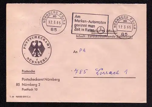 BRD Brief von NÜRNBERG PSchA, UB mb nach Lörrach - 12.3.65 mit MS (Werbung mittig) "Am Marken-Automaten gewinnt man Zeit in Raten" - Postsache