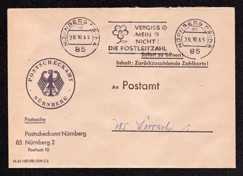 BRD Brief von NÜRNBERG PSchA, UB mc nach Lörrach - 20.10.65 mit MS (Werbung mittig) "Vergiss mein nicht: Die POSTLEITZAHL" - Postsache