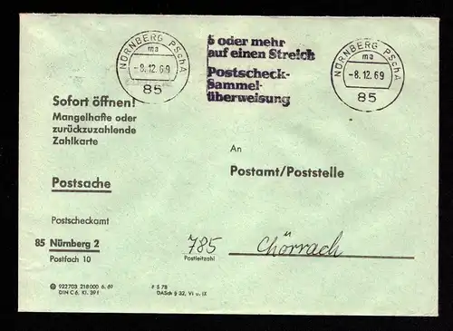 BRD Brief von NÜRNBERG PSchA, UB ma nach Lörrach - 8.12.69 mit MS (Werbung mittig) "6 oder mehr auf einen Streich Postscheck-Sammel-Überweisung" - Postsache