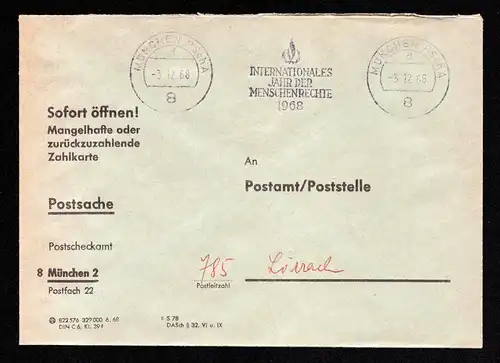 BRD Brief von MÜNCHEN  PSchA, UB d nach Lörrach - 3.12.6  mit MS (Werbung mittig) "Internationales Jahr der Menschenrechte 1968" - Postsache