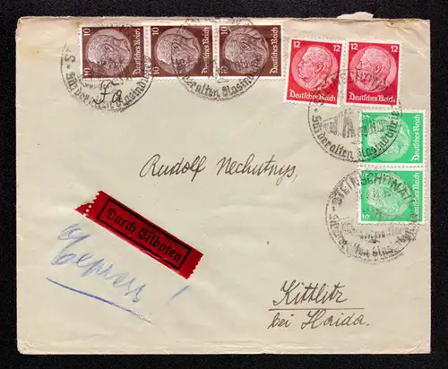 Eil-Brief Deutsches Reich von STEINSCHÖNAU - Kittlitz b. Haida mit Mi.515,518,519 und OWS: "Sitz der alten Glasindustrie"  gestempelt: 11.8.39