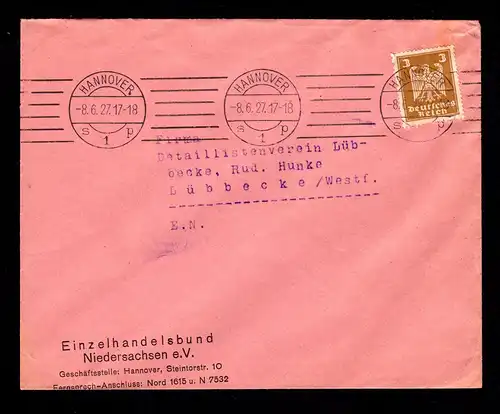 Deutsches Reich Brief von HANNOVER nach Lübbecke mit Mi.355 mit Bandstempel - gestempelt 8.6.27