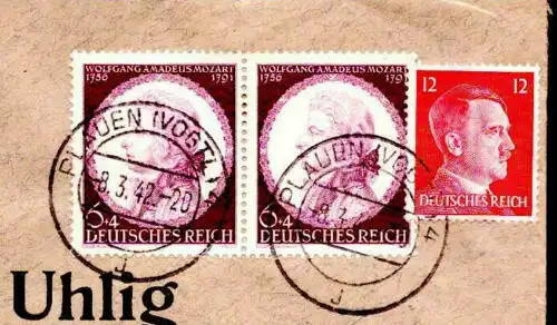 Deutsches Reich Brief von PLAUEN nach Hermsdorf - 8.3.42 mit Mi. 788, 810 Mozart