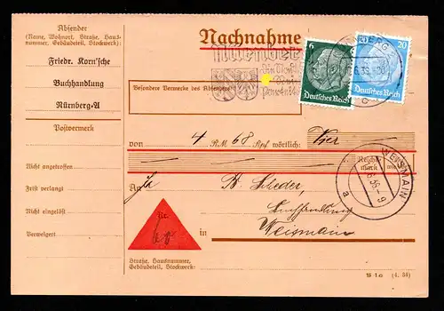Deutsches Reich Nachnahme-Karte von NÜRNBERG nach Weismain mit Mi.516, 521 und MWS "Nürnberg, die Stadt der Reichsparteitage",  gestempelt: 10.6.36