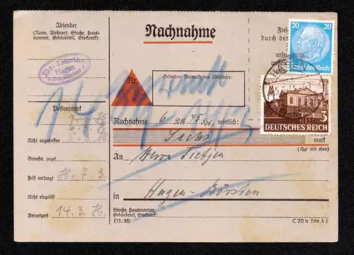 Deutsches Reich Nachnahme-Karte von HAGEN mit Mi. 521, 567 - "Nicht angetroffen...(3x) - verweigert 14.3.    gestempelt: 5.3.41