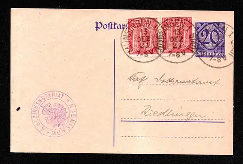 Deutsches Reich Dienst-Postkarte DP2 von MÜNSINGEN nach Riedlingen mit Mi. D24   gestempelt: 13. DEZ. 21