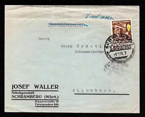 Deutsches Reich Brief Drucksache von SCHRAMBERG nach Alpisbach mit Mi.598 und OWS: "Fünftälerstadt im Schwarzwald" (v. Schuhgeschäft)  gestempelt:  9.11.35