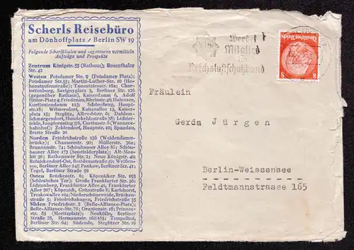 Deutsches Reich Brief mit Firmenlochung /Perfins von BERLIN nach Berlin-Weissensee mit Mi. 517 und  mit Reklame /MWS "Werdet Mitglied im Reichsluftschutzbund"  gestempelt: 15.5.35 - mit Gebrauchsspuren