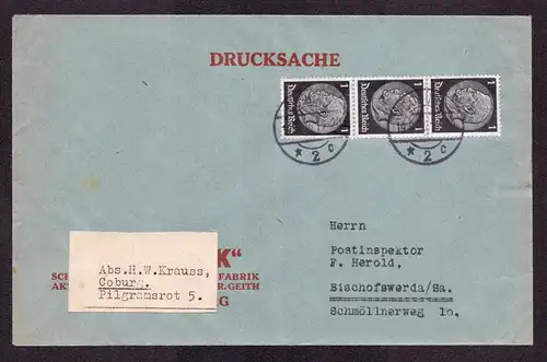 Deutsches Reich Brief Drucksache von COBURG nach Bischofwerda mit Mi. 512 in MeF -  gestempelt: 19.8.36