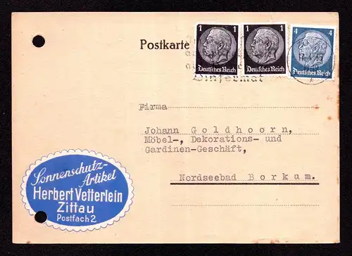 Deutsches Reich Postkarte von ZITTAU nach Nordseebad Borkum mit Mi. 512, 514 und MWS "Im Geschäft und auch privat schreib auf Papier im Dinformat" mit Reklame Sonnenschutzartikel, gestempelt: 17.4.35