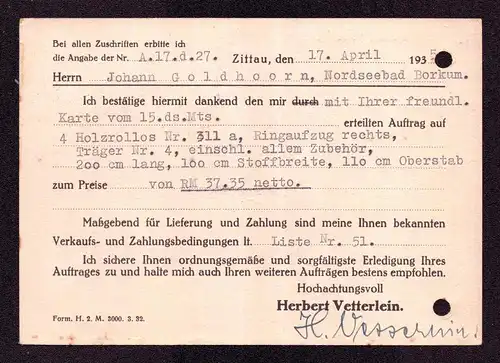 Deutsches Reich Postkarte von ZITTAU nach Nordseebad Borkum mit Mi. 512, 514 und MWS "Im Geschäft und auch privat schreib auf Papier im Dinformat" mit Reklame Sonnenschutzartikel, gestempelt: 17.4.35