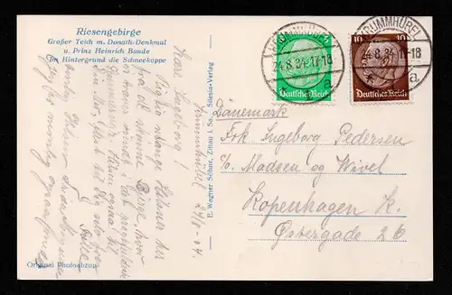 Deutsches Reich Auslands-Postkarte von KRUMMHÜBEL nach Kopenhagen DÄNEMARK mit Mi.515,518 - gestempelt: 24.8.34