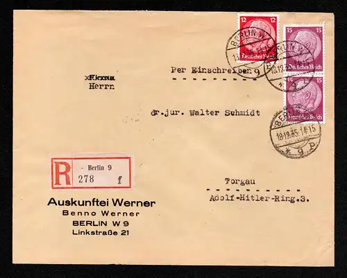 Deutsches Reich Einschreibe-Brief  von BERLIN nach Torgau mit Mi. 519, 520  und Ankunfsstempel,  gestempelt 18.12.35