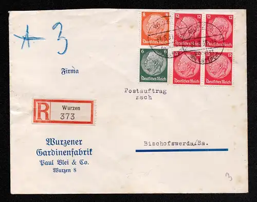 Deutsches Reich Einschreibe-Brief  von WURZEN "Benutzt die Luftpost" nach Bischofswerda mit Mi. 516, 518, 519  und Ankunfsstempel  gestempelt 31.5.39